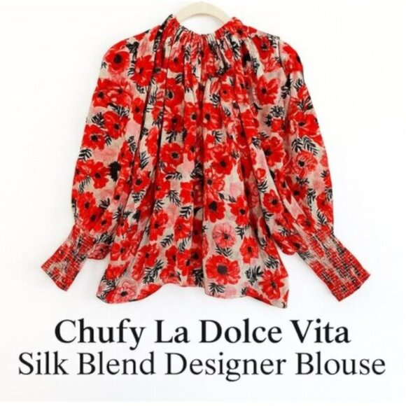 Chufy La Dolce Vita Silk Blend Red Floral Balloon Sleeve Blouse M Designer - Picture 1 of 10